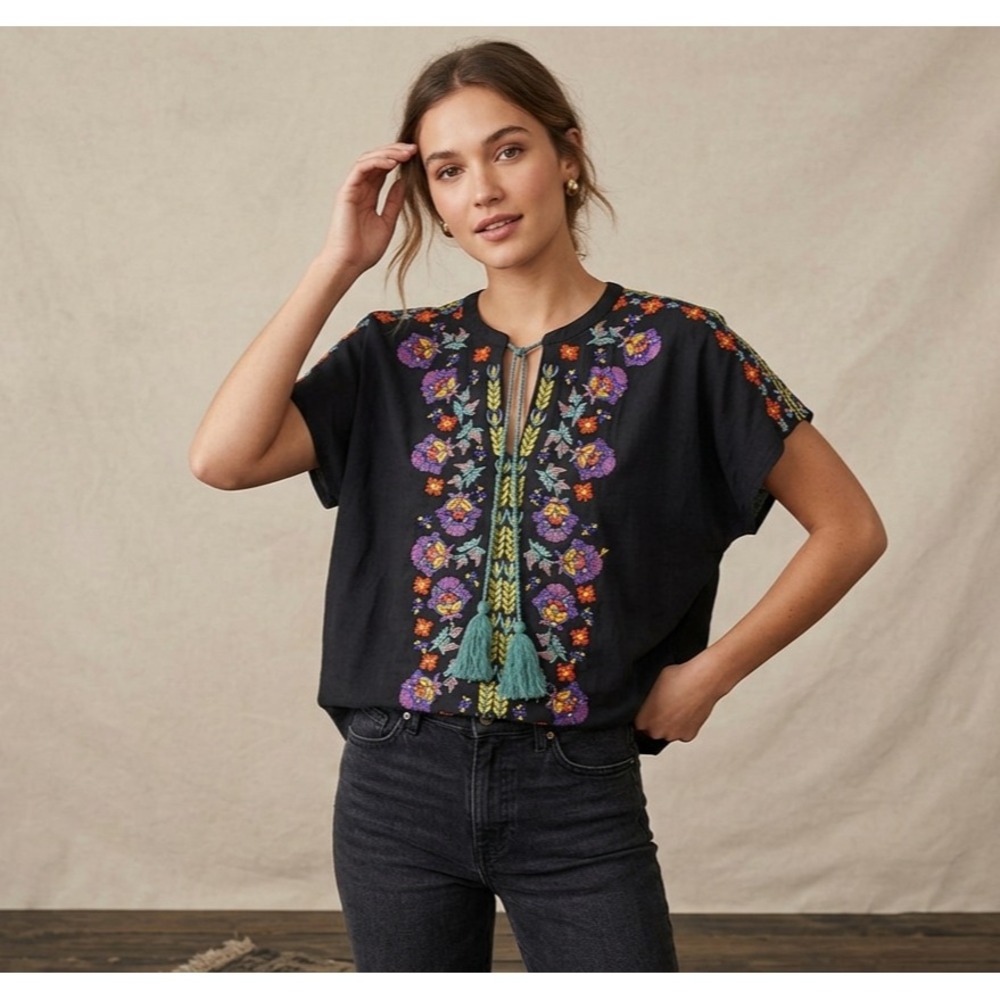Nautral Life Women Embroidered Boxy Boho Top XL* Oversized Folk Peasant Floral - Picture 2 of 9